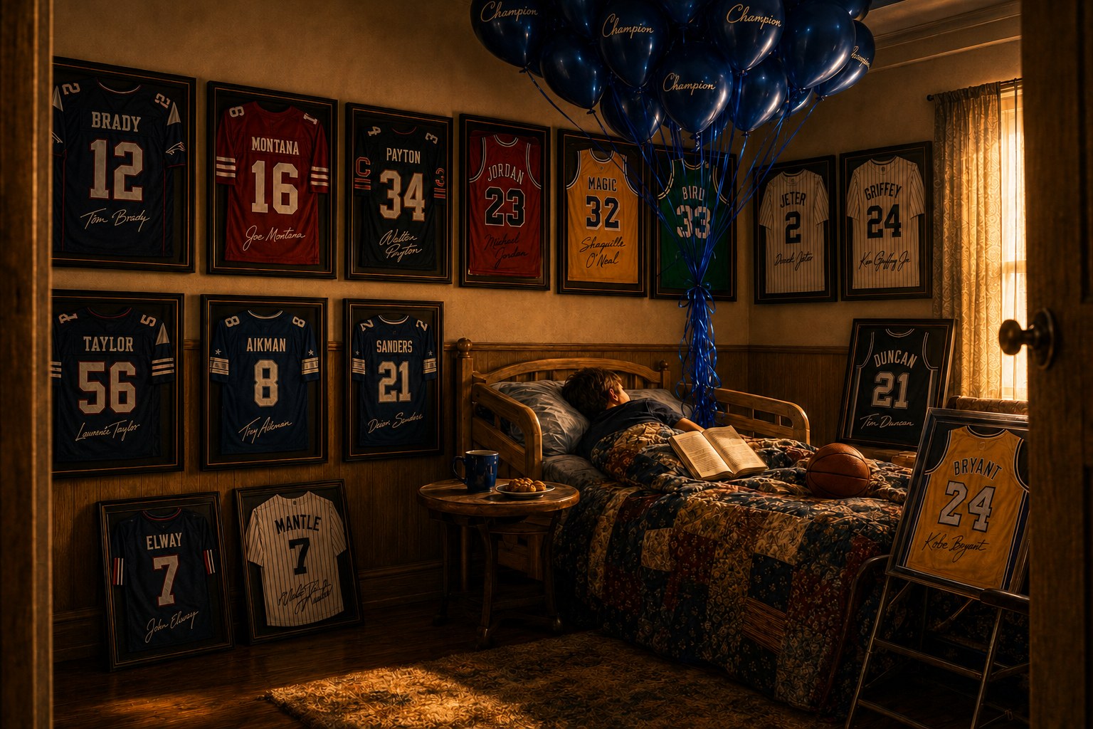 Timmy's room at the clinic — blue balloons high against the ceiling, framed jerseys lining the walls, an open Bible on the quilt, morning light through the curtain