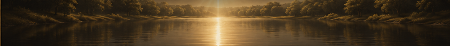 A quiet forested pond with warm sunlight reflecting across the water